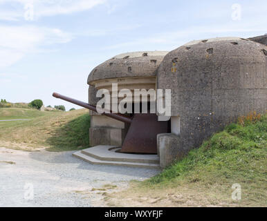 Longues-sur-Mer, Frankreich - 14 August 2018: Weltkrieg Verteidigung batterie Longues sur Mer Stockfoto