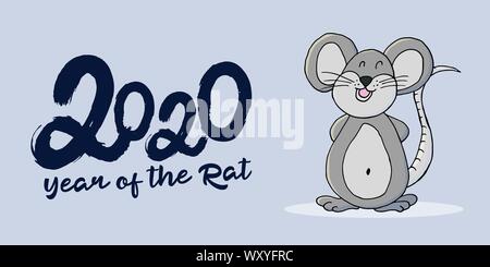 Jahr der Ratte. 2020 typografische Inschrift auf einem grauen Hintergrund. Frohes Neues Jahr 2020. Banner, Flyer, Postkarte. Symbol für das Jahr Cartoon Stil Stock Vektor