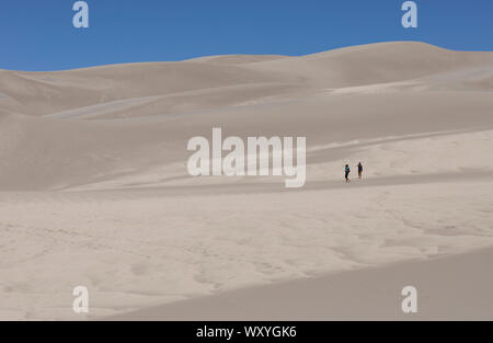 Wanderer Wandern in den Dünen am Great Sand Dunes National Park im Sommer in Colorado. Stockfoto