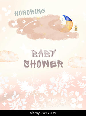 Ready-Karte für Baby-Dusche. Karte, Poster zum Drucken. Cute Aquarell Illustration und Mond mit Blättern und floralen. Poster. Einladung für Kids Party Stockfoto