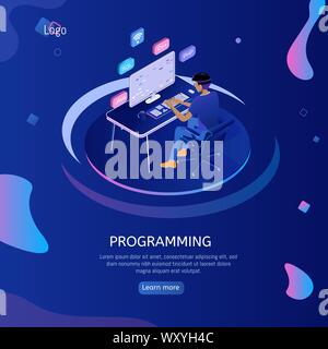 Programmierer isometrische Charakter. Programmierung Konzept, Web Engineer bei der Arbeit. Stock Vektor