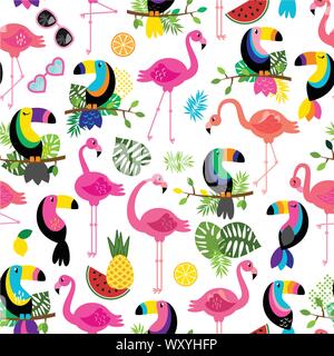 Nahtlos kachelbare Tropischen Vector Pattern mit Flamingos, Tukane, Kakteen und tropische Blätter Stock Vektor