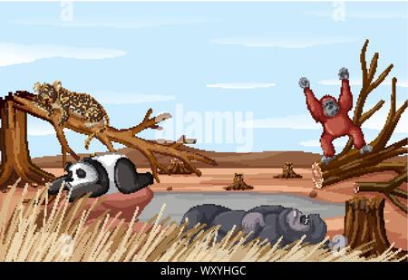 Die entwaldung Szene mit Tieren, die von der Dürre Abbildung Stock Vektor