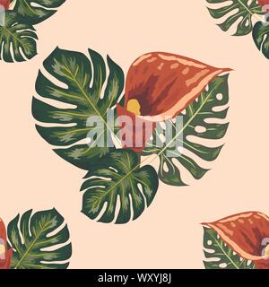 Nahtlose Muster mit tropischen Blättern und callas Lilien Blumen. Dunkle und helle grüne Palmenblättern, nahtlose Muster. Stock Vektor