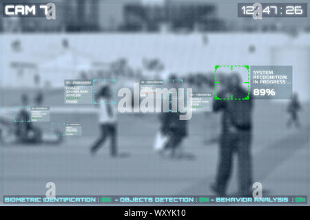 Simulation eines Bildes von CCTV-Kameras mit Gesichtserkennung auf einem großen Platz in einer Stadt Stockfoto