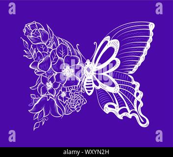 Kreative Schmetterling mit einem Flügel der Blumen. Dekorative Schmetterling auf einem violetten Hintergrund Stock Vektor