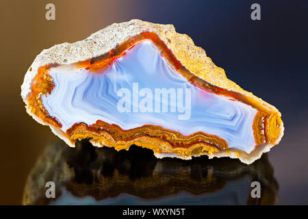 Poliert Achat Querschnitt Detail mit Reflexion auf dunklen glänzenden Hintergrund. Weiß-Blau gestreifte Textur auf Schnitt Edelstein mit groben Rost braun Grenze. Stockfoto