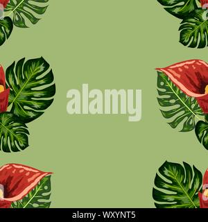 Nahtlose Muster mit tropischen Blättern und callas Lilien Blumen. Dunkle und helle grüne Palmenblättern, nahtlose Muster. Stock Vektor