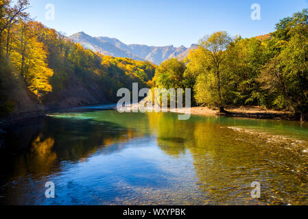Die malerische Landschaft mit wunderschönen mountain river. Herbst im Bergwald. Sonnigen Tag. Stockfoto