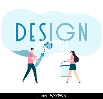 Vector Illustration mit Menschen mit Tools für Malerarbeiten, design Inschrift. Malerei, Reparatur von Räumlichkeiten. Gebäude, Bau, Instandsetzung Stock Vektor