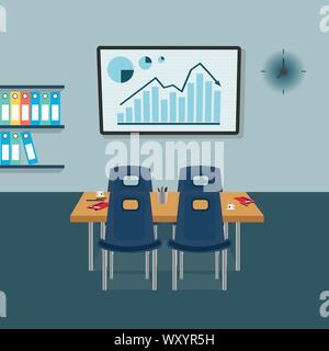 Tagungsraum Zeichnung mit Konferenzraum mit Tisch und Stühlen mit Whiteboard mit Grafiken und Diagrammen dargestellt. Stock Vektor