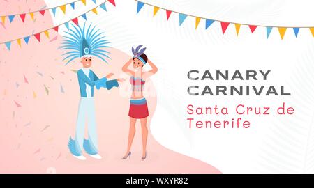 Kanarische festival Flachbild banner Vektor Vorlage. Jungen latino der Mann und die Frau in der schönen authentischen Kostüme Zeichentrickfiguren. Die nationalen lateinamerikanischen Partei, Santa Cruz de Teneriffa urlaub Plakat Layout Stock Vektor