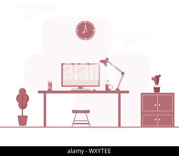 Abbildung eines Home-office mit einem Computer Bildschirm und die Tastatur auf eine weiß lackierte Regal mit anglepoise Lamp und zwei andere Regale mit farbigen fol Stock Vektor