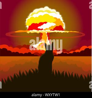 Vector Illustration einer Katze sitzt auf einem Hintergrund von einer atomaren Explosion. Stock Vektor