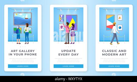 Art gallery mobile Anwendung Vorlagen eingestellt. Besucher des Museums genießen, abstrakte Bilder, seelandschaften an den Wänden. Klassische und moderne Gemälde digitale Sammlung smartphone interface Layout Stock Vektor