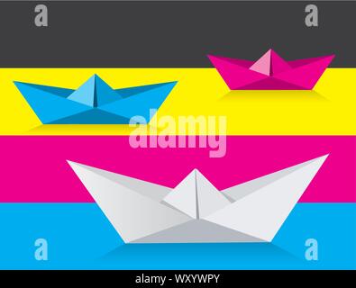 Papier Boot auf den Wellen der drucken Farben Vector Illustration von Origami Boot auf den Wellen der Druckfarben. Konzept für die Präsentation von Drucken in Farbe drücken. Stock Vektor