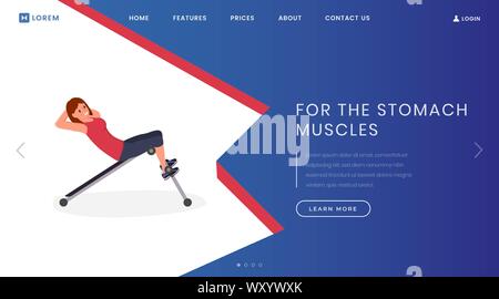 Magen Muscle Workout landing page Template. Fitness, Bodybuilding homepage Schnittstelle Idee mit Vektorgrafiken. Abdominal press-Schulung Web Banner, Webseite cartoon Konzept Stock Vektor