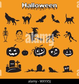 Vector set of different Halloween icons silhouette in black color (skeleton, Frankenstein, witch, zombie, werewolf, pumpkins and graves ) on orange ba Stock Vektor