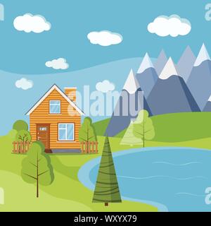 See und Berge Landschaft Szene mit Holz- ländlichen Bauernhof Haus mit Kamin. Stock Vektor