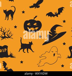 Vektor nahtlose Muster mit unterschiedlichen Halloween Symbole (bat, Eule, ghost, Grab, schwarze Katze, Hexe Hut, Friedhof, Sterne) auf orangem Hintergrund, Lager krank Stock Vektor