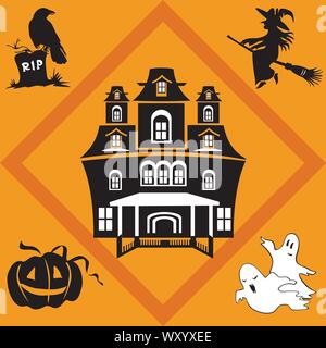 Vektor bunte nahtlose Muster mit anderen schwarz Halloween Icons (Raven, Hexe, Kürbis, Geister, haunted House) auf orange Hintergrund isoliert, st Stock Vektor