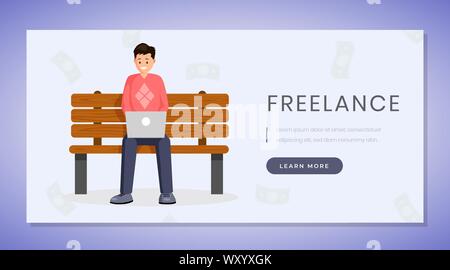 Freie Jobs Startseite vector Template. Remote arbeiten, Entfernung job Website auszulagern, Webseite Konzept blauen Design mit flachen Abbildung. Designer, Programmierer arbeitet auf der Parkbank Zeichentrickfigur Stock Vektor