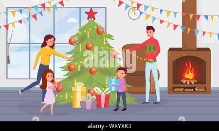 Familie feiern Weihnachten Vector Illustration. Eltern und kleine Kinder zu Hause Zeichentrickfiguren. Mutter und Vater Dekoration Tannenbaum, Kinder Holding präsentiert, Silvester, Weihnachten Tradition Stock Vektor