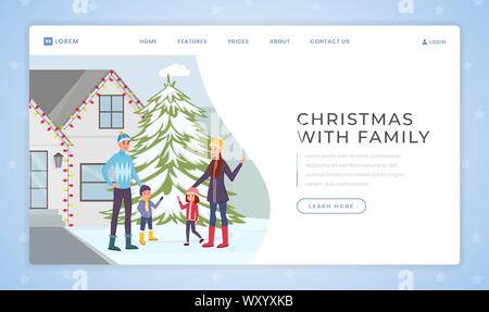 Weihnachten mit der Familie landing page Vektor Vorlage. Winterurlaub homepage Schnittstelle Idee mit Illustrationen. Familie mit Kindern im Freien, Frohes neues Jahr Web Banner cartoon Konzept Stock Vektor