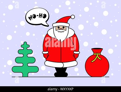 Cute Cartoon kawaii Weihnachtsmann Charakter für Weihnachten und Happy New Year Feier. Geschenktüte Fichte und Schnee auf lila süßen Winterferien Grußkarte. Vektor Inspiration Poster Illustration Stock Vektor