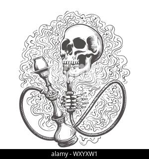 Totenkopf mit Shisha in einem Rauchschwaden in Tattoo Stil gezeichnet. Vector Illustration. Stock Vektor