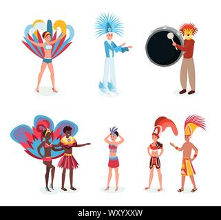 Lateinamerikanischen Karneval Vektorgrafiken. Jungen Latino Männer und Frauen in authentischen Kostümen Zeichentrickfiguren. Traditionelle brasilianische holiday Celebration, lächelnde Menschen in schönen Outfits Stock Vektor