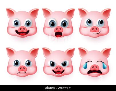 Schwein emoji Vektor einrichten. Schweine nettes Gesicht Emoticon und emojis mit glücklichen, Weinen und Überraschung Ausdrücken in weißem Hintergrund. Vector Illustration. Stock Vektor