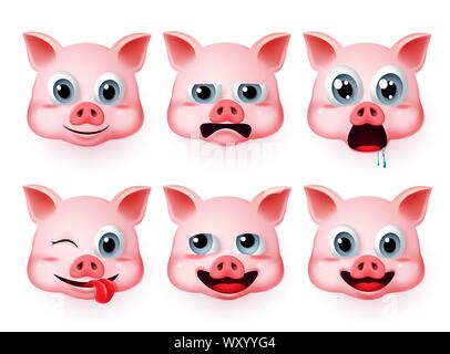 Schwein emoji Vektor einrichten. Schweine Kopf Tiere emoticon mit Emotionen und Stimmung wie hungrige und lustig in weißem Hintergrund. Vector Illustration 3d. Stock Vektor