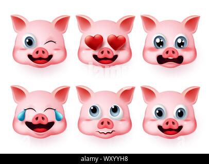 Emoji Schwein Vektor einrichten. Schweine Gesicht emoticons oder Symbol in süßen Gefühle wie Angst und inlove mit 3d realistisches Konzept in weißem Hintergrund. Stock Vektor