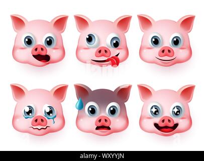 Schwein emoticon Fat Face Vector eingestellt. Emoji schweine Kopf in niedlichen Gesichtern wie glücklich und erschrocken Mimik in weißem Hintergrund. Stock Vektor