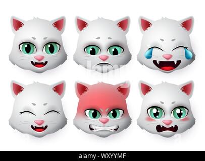 Cat Face emoji Vektor einrichten. Katzen Emoticon in wütend und traurig Ausdrücke oder Emotion in weißem Hintergrund. Vector Illustration 3d realistisch. Stock Vektor