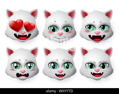 Emoji cat Vektor einrichten. Katzen Kitten Gesicht Emoji und Symbol von Emotionen wie schüchtern und inlove in weißem Hintergrund. 3d realistische Vector Illustration. Stock Vektor