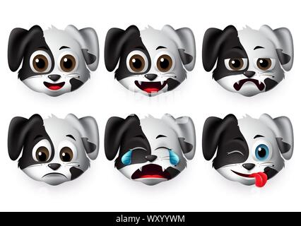 Hund emojis Vektor einrichten. Welpen Hunde Gesicht Emoticon und Symbol in Weinen und lustige Mimik und Emotionen in weißem Hintergrund. Stock Vektor