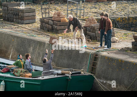 22 de septiembre de 2019. Keiss Harbour, Highlands, Escocia, Reino Unido. Esta es una escena de la filmación de la corona re el Lord Mountbatten asesinato en Irlanda.