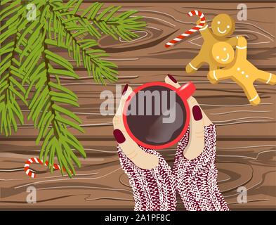 Antecedentes vector de Navidad dibujada a mano, con las manos en guantes tejidos rojo sosteniendo una taza de café en la mesa de madera marrón con chritmas las ramas de un árbol, Candy puede Ilustración del Vector