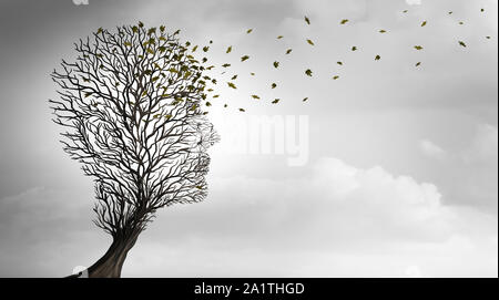 Envejecimiento o envejecimiento y envejecer concepto como un árbol con forma de cabeza humana perder sale como un símbolo de salud para el cuidado de ancianos o longevidad. Foto de stock