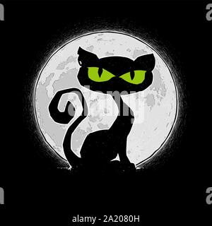 Mano libre Halloween Cartoon ilustración de Gato Negro contra la Luna Llena. Vectorizar con Lineart, el sombreado, el color de fondo n de todos los elementos ne