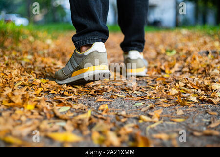 Caminar sobre el pavimento en otoño. Vista posterior de los pies de un hombre que camina por la acera con follaje caído. El clima de otoño en blanco vacío abstracto backgro Foto de stock