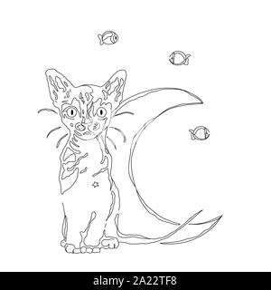Ilustración dibujada a mano. Gato y la luna, soñando con peces/ noche Foto de stock