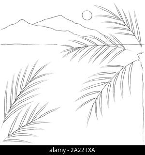 El paisaje nocturno, Mar, palmeras, islas y half moon/ noche romántica / ilustración dibujada a mano