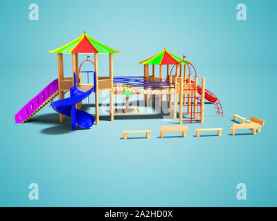Juegos para niños modernos de madera con escaleras colgantes y diapositivas 3D Render sobre fondo azul. Foto de stock