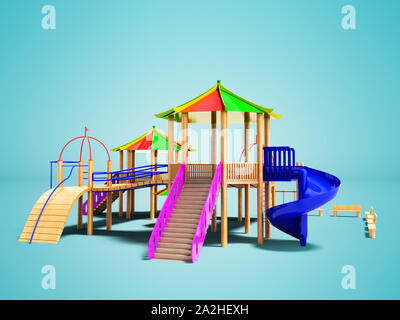 Moderno complejo de madera para niños Parque infantil con toboganes y cable cars 3D Render sobre fondo azul con sombra Foto de stock