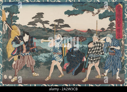 Ley 6 (rokudanme), Utagawa Kunikiyo II (Japonés), Edo, 1857, 6º mes, tinta sobre papel, el color de impresión de xilografía, 9-5/16 x 13-5/8 in. (Imagen) 10 x 14-7/8 in. (Hoja), firmada por el artista: Kunikiyo ga Publisher's mark: Kōeidō (Tsuta-ya Kichizō) Fecha Sello: mi-roku (año de la serpiente [1857], 6º mes) Censor del sello: circular aratame silabario, series, Tesoros de los retenedores (Kanadehon chūshingura Leal), arte asiático Foto de stock