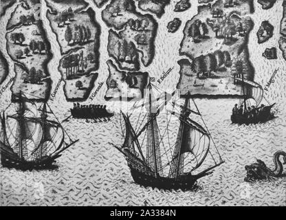 Exploración de la Florida por Ribault y Laudonniere 1564 por Le Moyne de morgues. Foto de stock