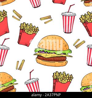 Burger. Patata de cola libre. Colorido mano comida rápida extraer elementos borde de fondo. aisladas patrón perfecta ilustración vectorial. Ilustración del Vector